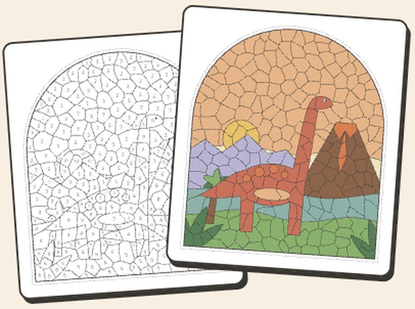 Une page de coloriage mystère en noir et blanc, et son corrigé en couleur qui révèle un dinosaure.